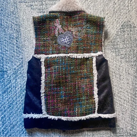 DESIGUAL Moto Patchwork Vest Tweed & Faux Sherpa Shearling Unique Design - Picture 5 of 10